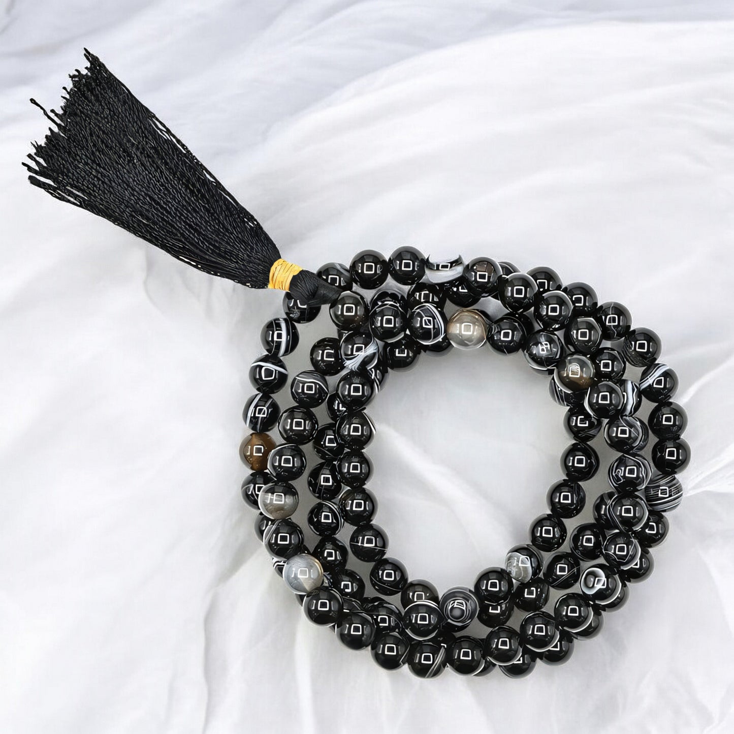 Black Banded Agate Gemstone 108 Bead Japa Mala Necklace