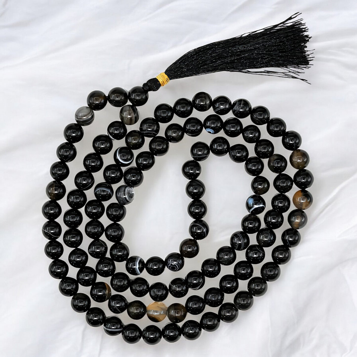 Black Banded Agate Gemstone 108 Bead Japa Mala Necklace