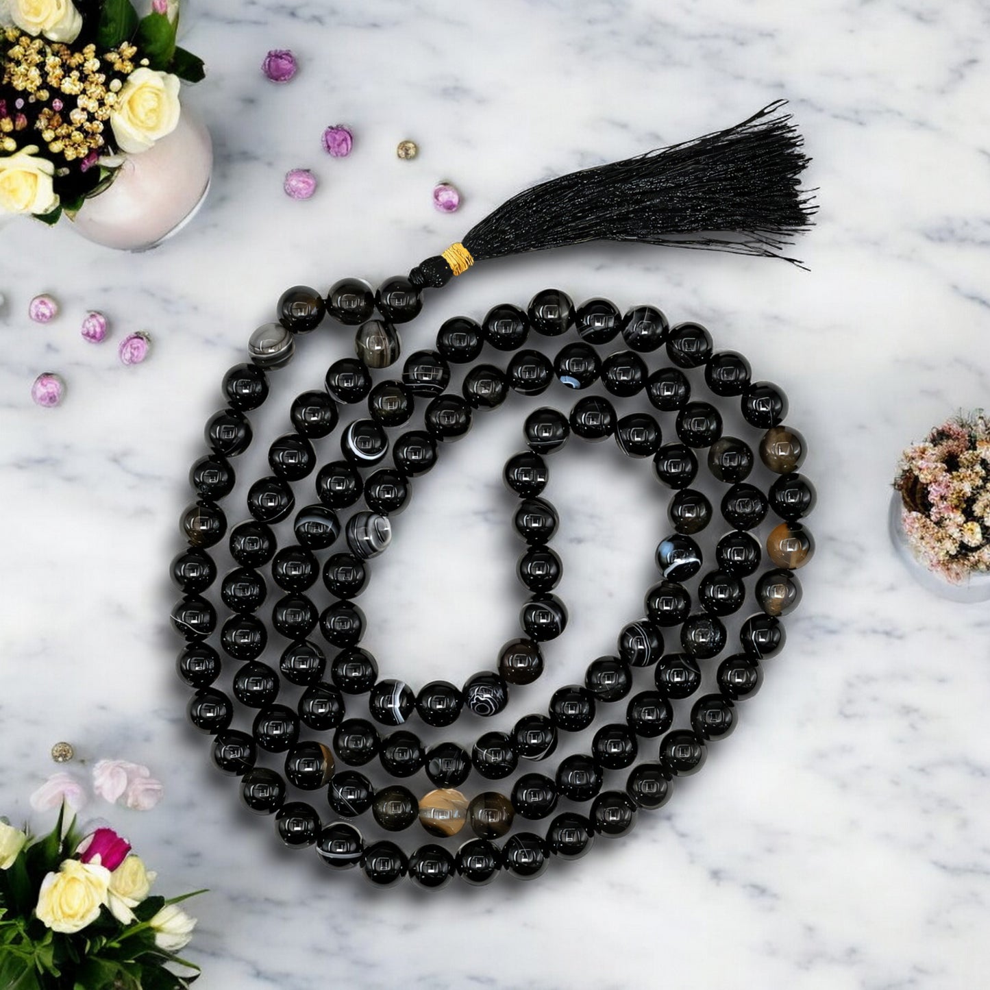 Black Banded Agate Gemstone 108 Bead Japa Mala Necklace