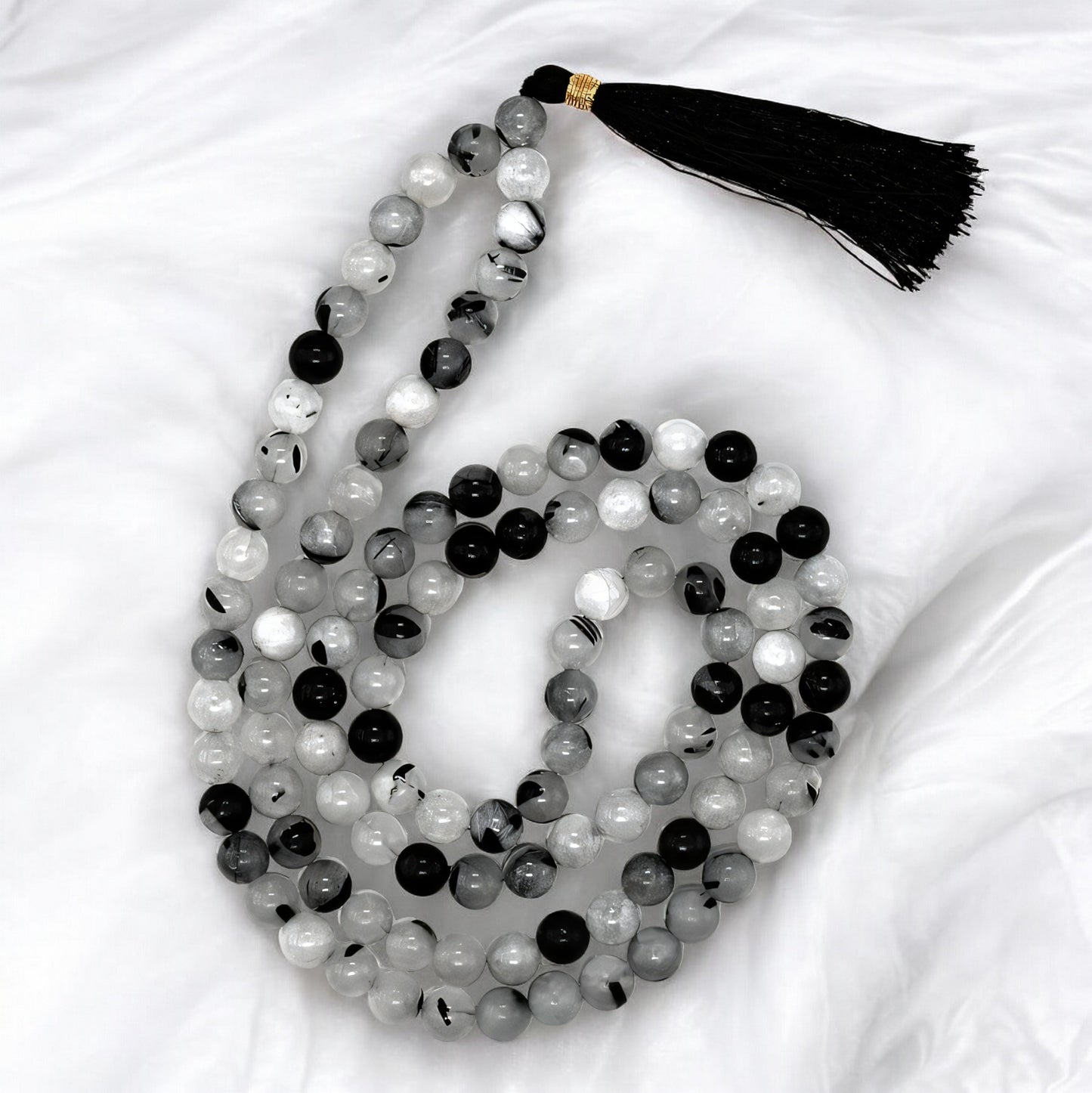 Black Rutilated quartz Gemstone 108 Bead Japa Mala Necklace