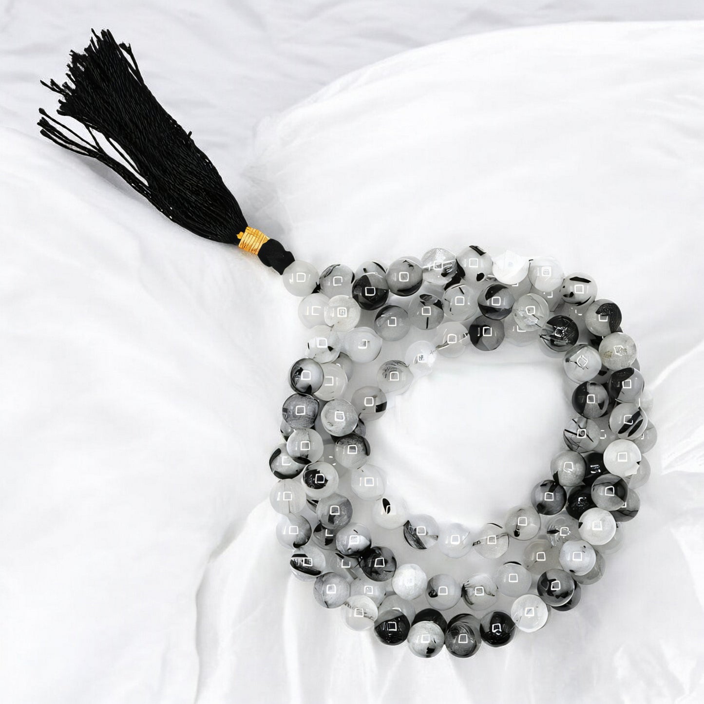 Black Rutilated quartz Gemstone 108 Bead Japa Mala Necklace