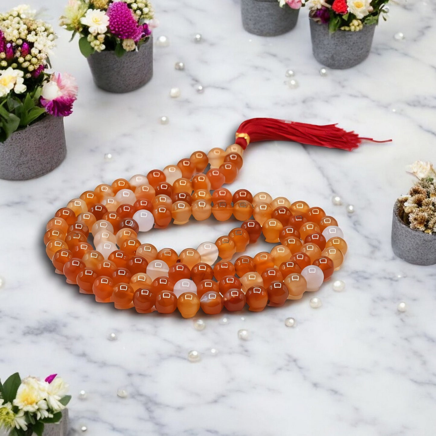 Carnelian Gemstone 108 Bead Japa Mala Necklace for meditation and prayer