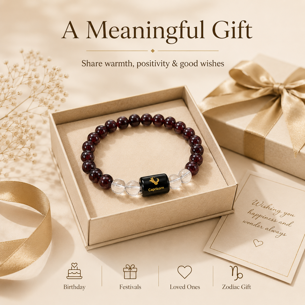 Capricorn Zodiac Bracelet with Garnet & Clear Quartz