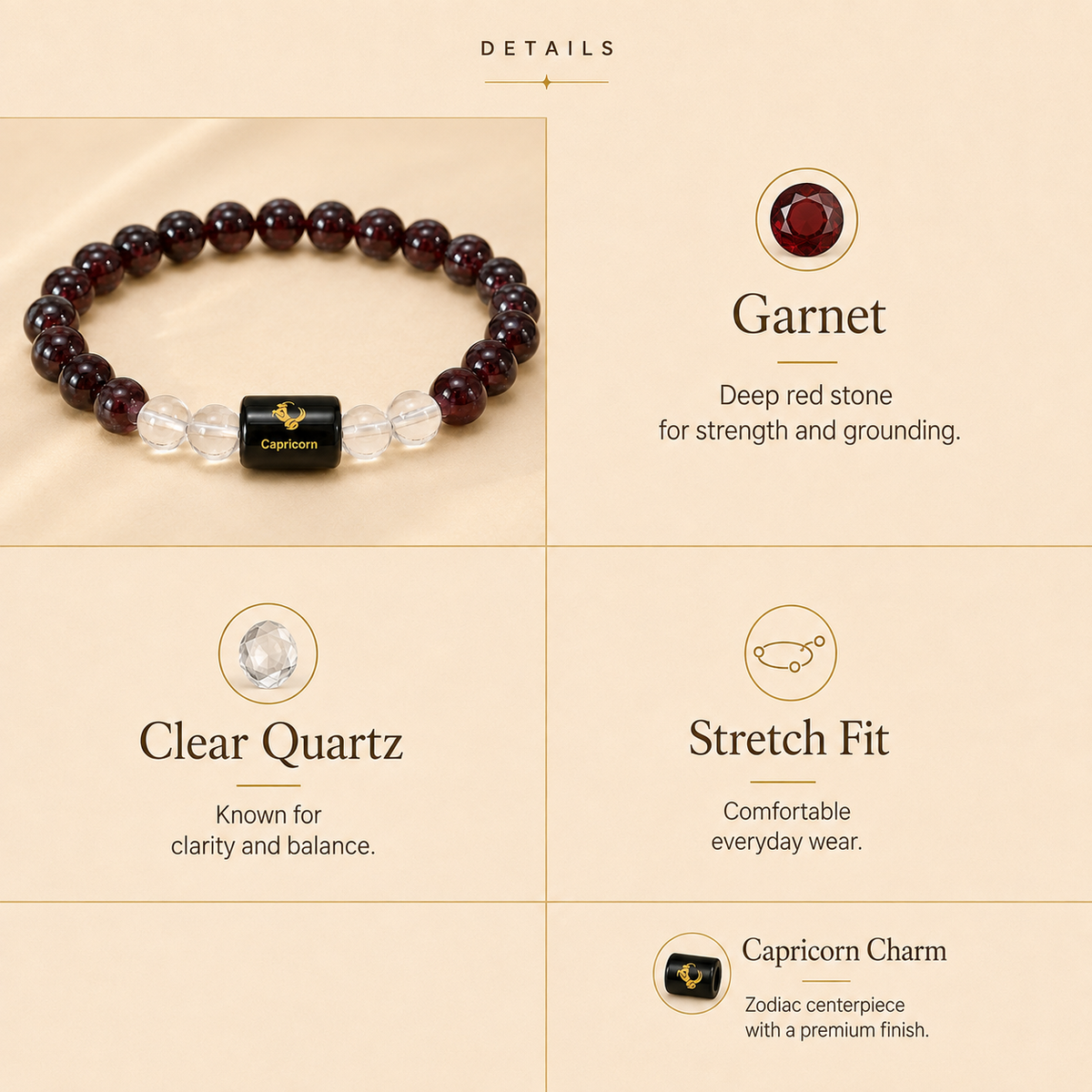Capricorn Zodiac Bracelet with Garnet & Clear Quartz