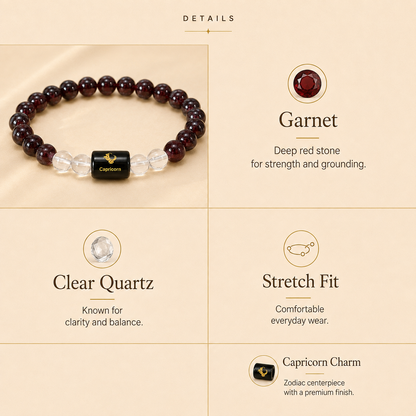 Capricorn Zodiac Bracelet with Garnet & Clear Quartz