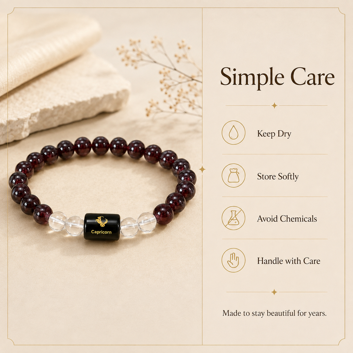 Capricorn Zodiac Bracelet with Garnet & Clear Quartz