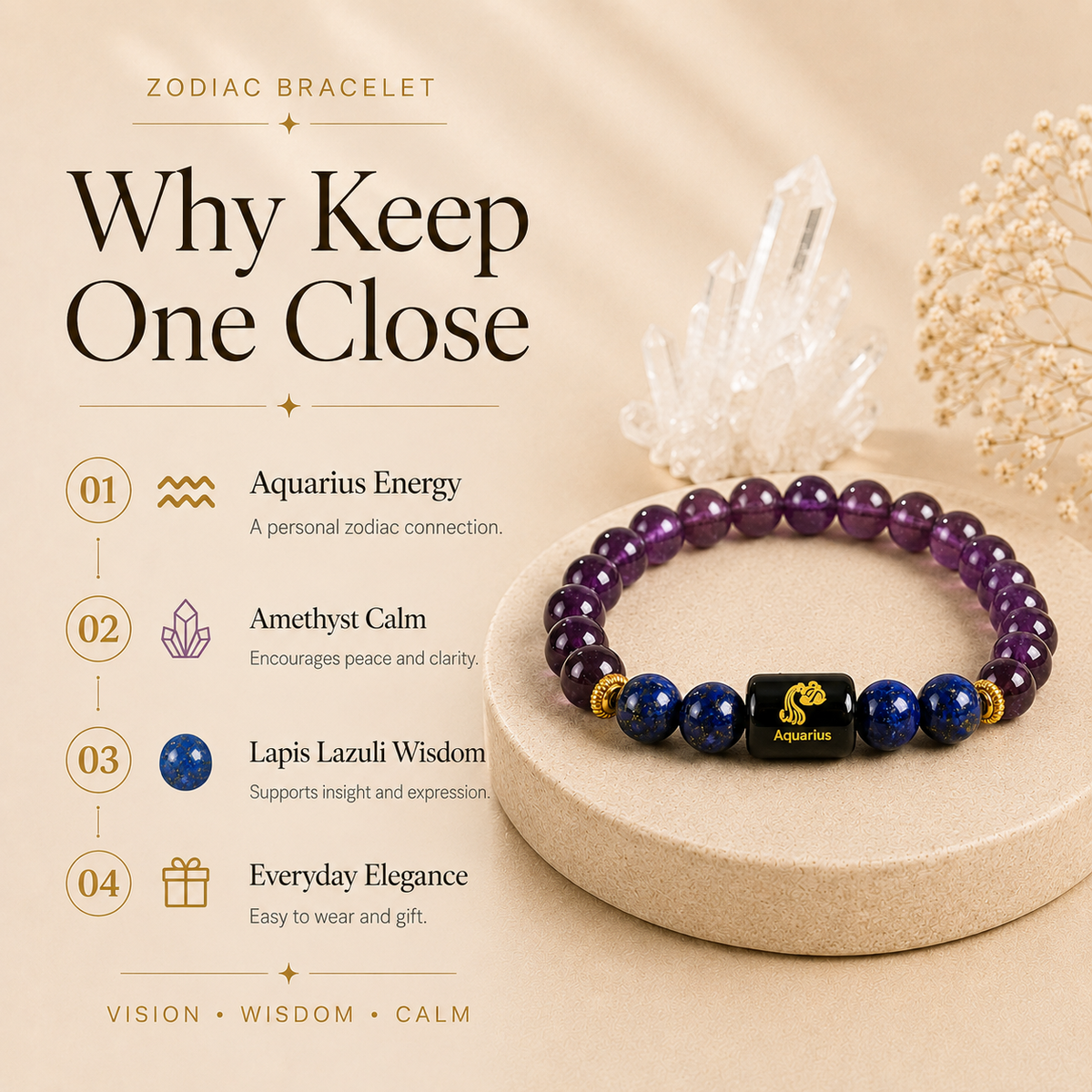 Aquarius Zodiac Bracelet with Amethyst & Lapis Lazuli