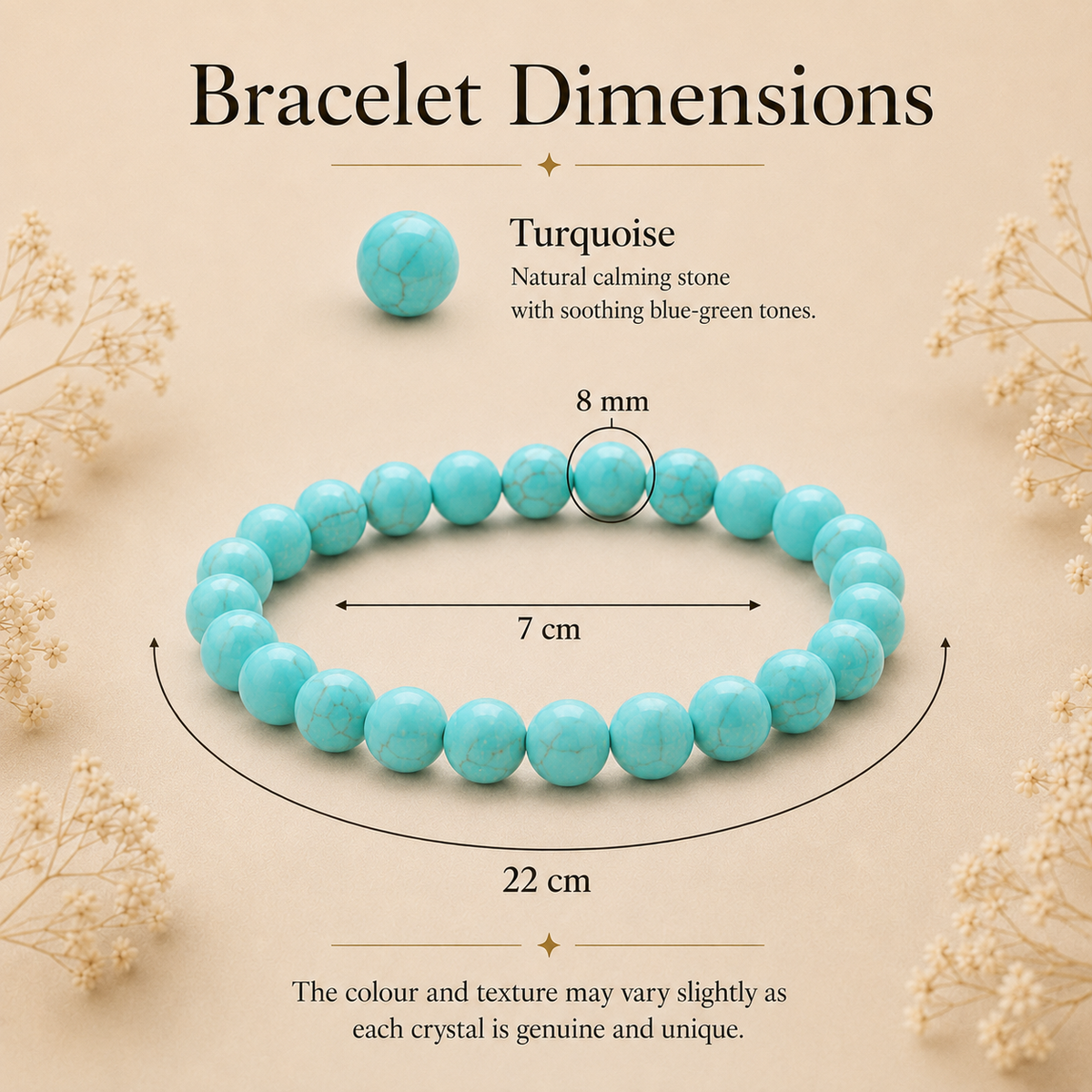 Turquoise Crystal Bracelet (Bead Size: 8mm, Length: 6-7 Inch)