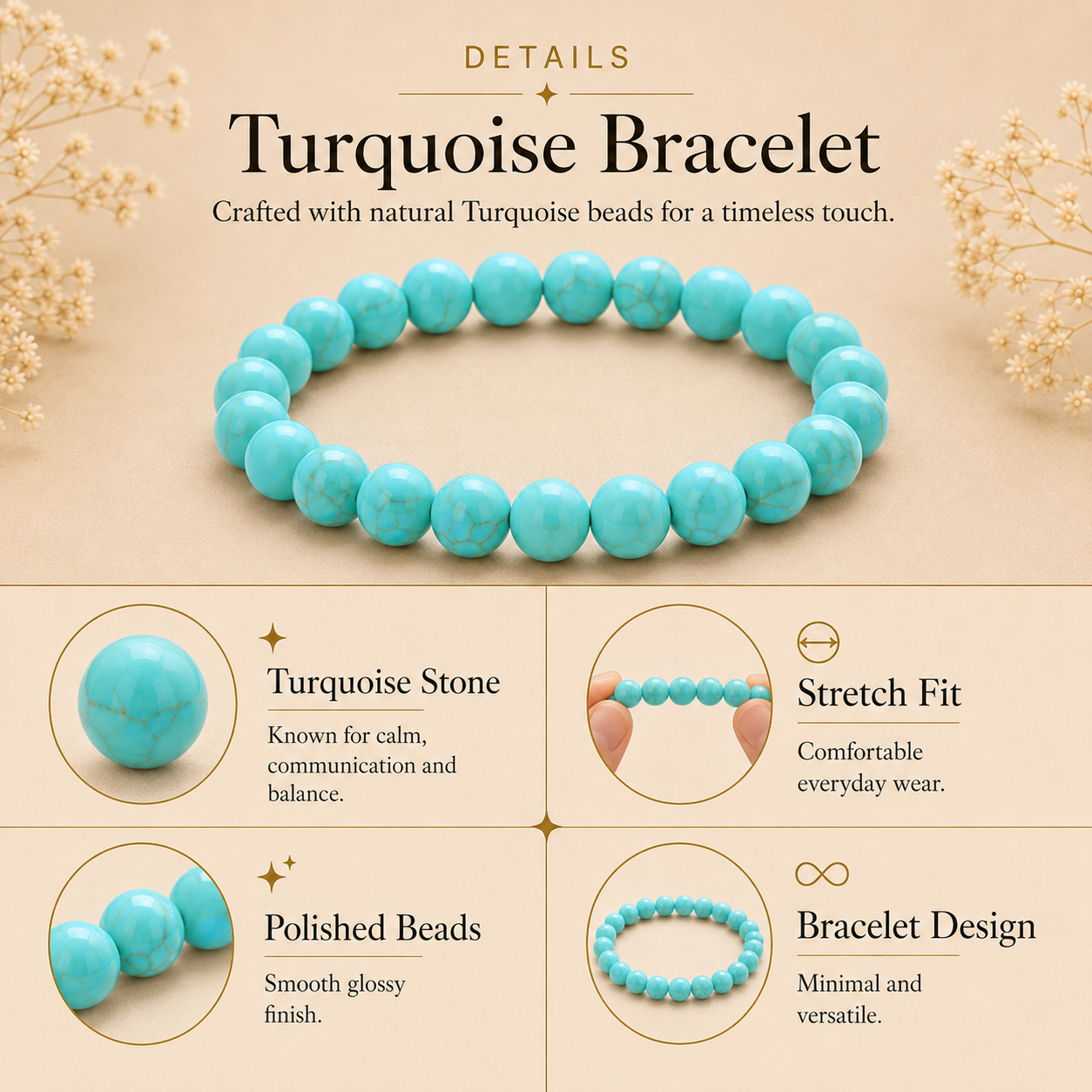 Turquoise Crystal Bracelet (Bead Size: 8mm, Length: 6-7 Inch)