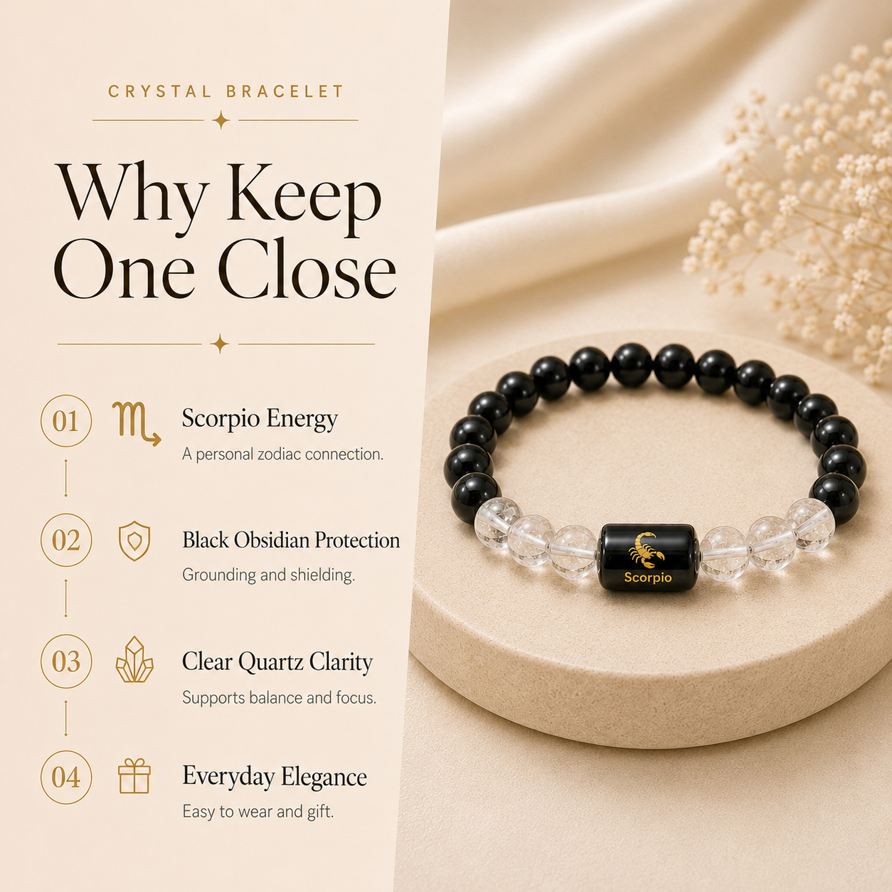 Scorpio Zodiac Bracelet with Black Obsidian & Clear Quartz