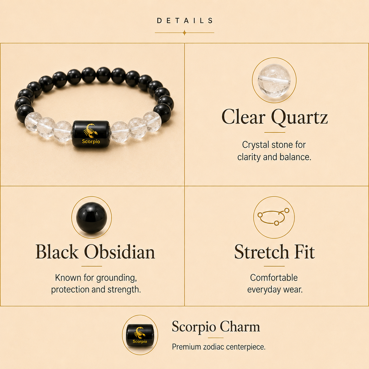Scorpio Zodiac Bracelet with Black Obsidian & Clear Quartz