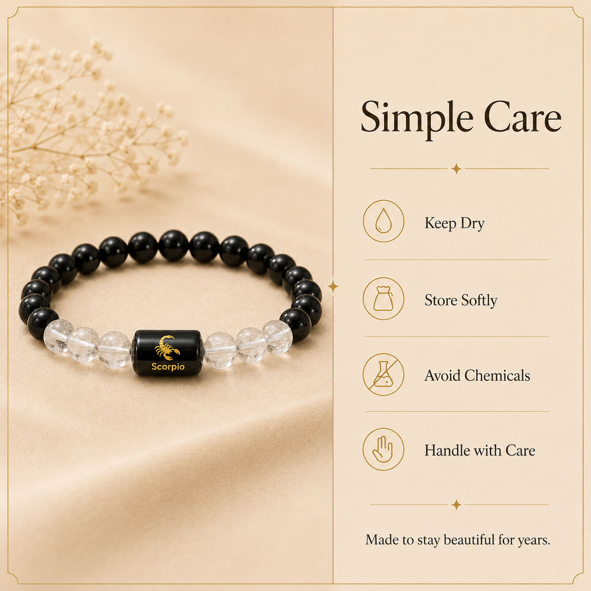 Scorpio Zodiac Bracelet with Black Obsidian & Clear Quartz