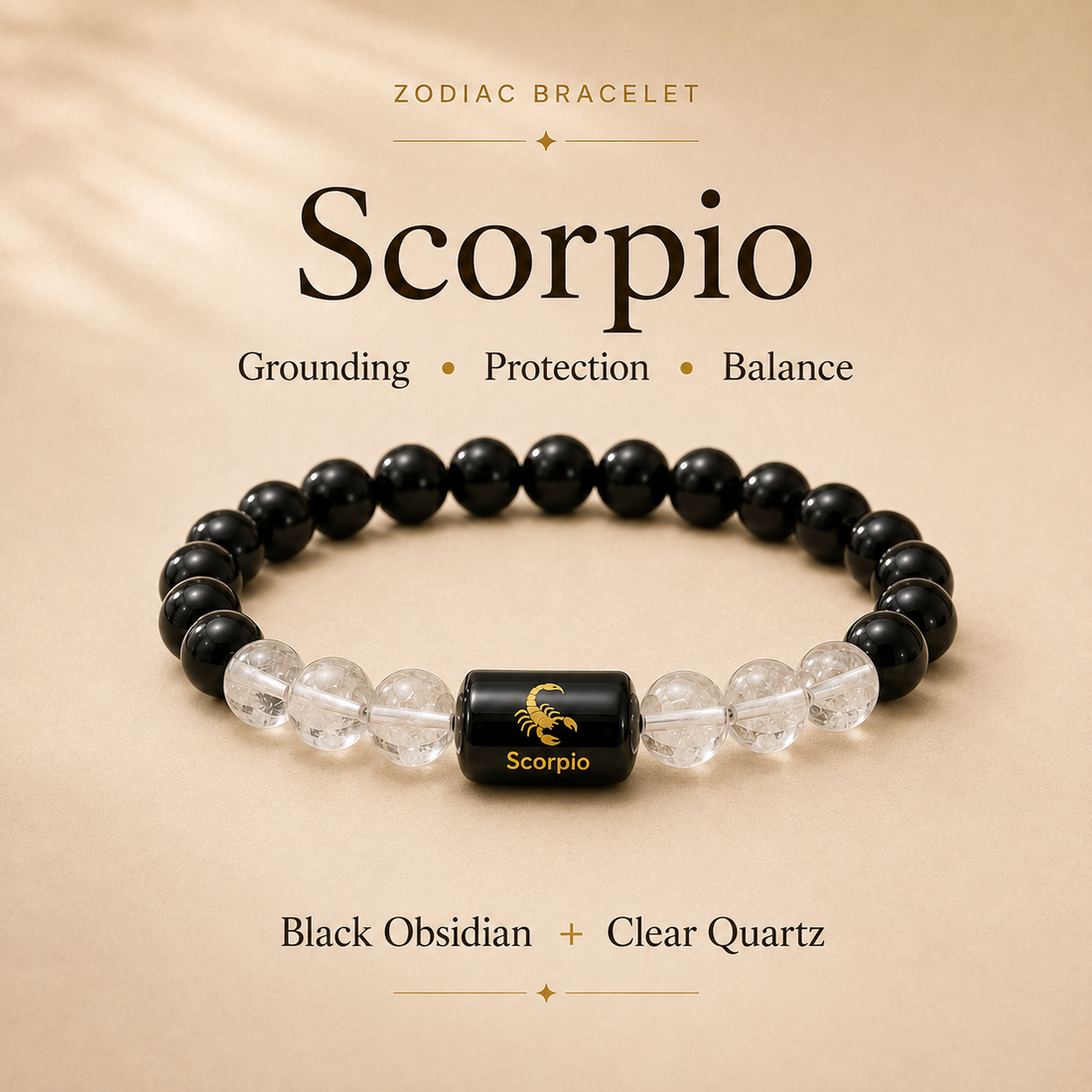Scorpio Zodiac Bracelet with Black Obsidian & Clear Quartz