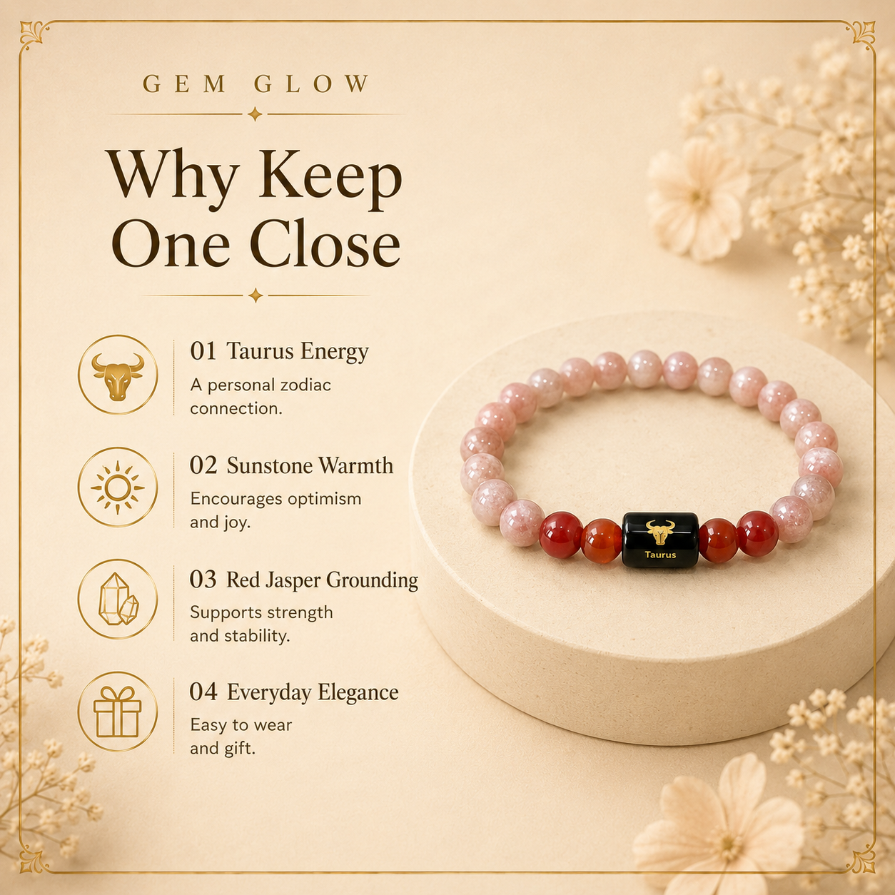 Taurus Zodiac Bracelet with Sunstone & Red Jasper
