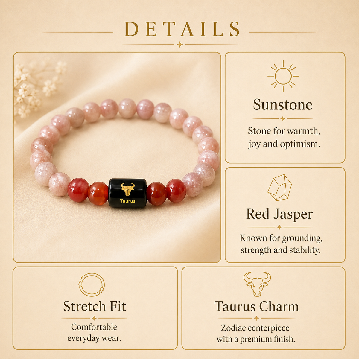Taurus Zodiac Bracelet with Sunstone & Red Jasper