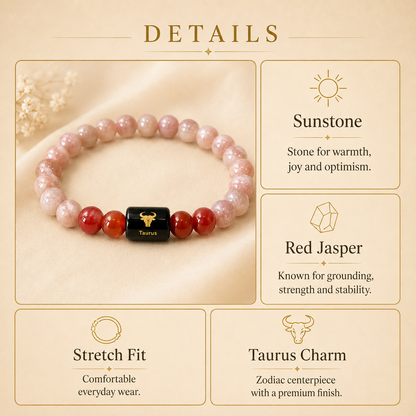 Taurus Zodiac Bracelet with Sunstone & Red Jasper