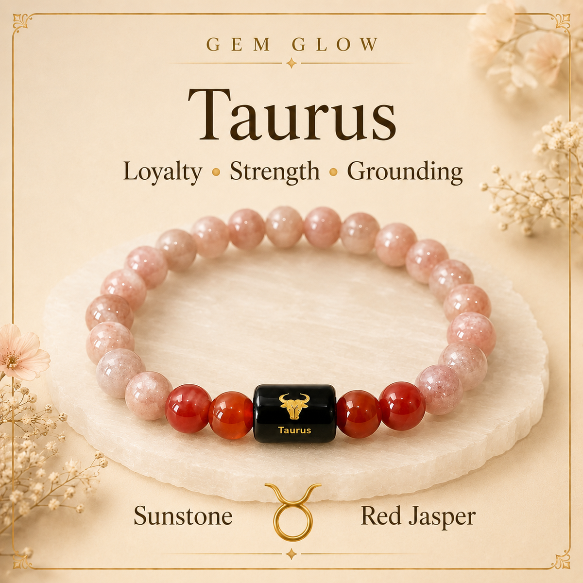 Taurus Zodiac Bracelet with Sunstone & Red Jasper