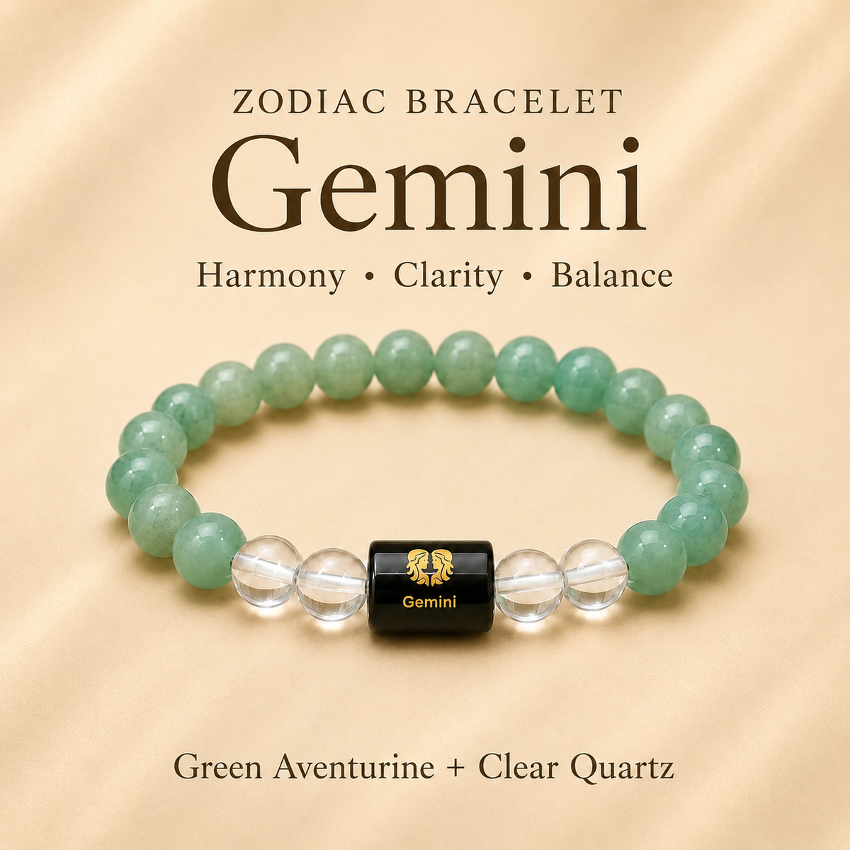 Gemini Zodiac Bracelet with Green Aventurine & Clear Quartz