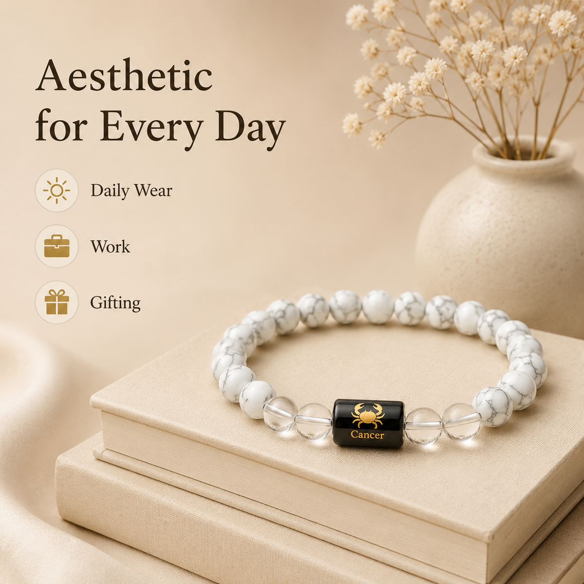 Cancer Zodiac Bracelet with Howlite & Clear Quartz