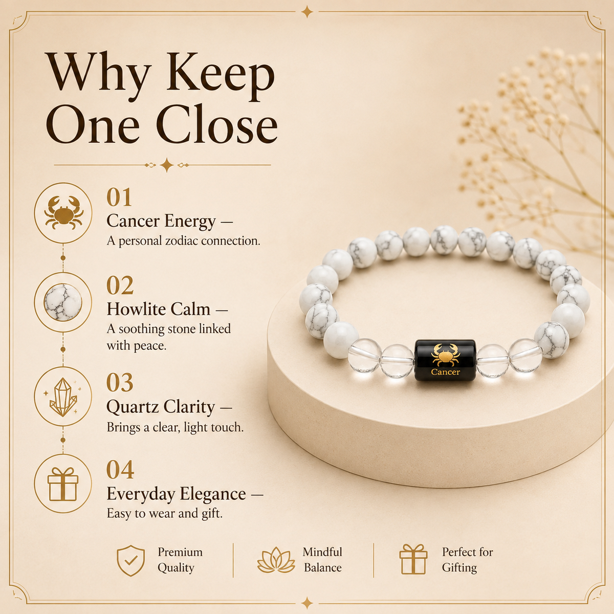 Cancer Zodiac Bracelet with Howlite & Clear Quartz