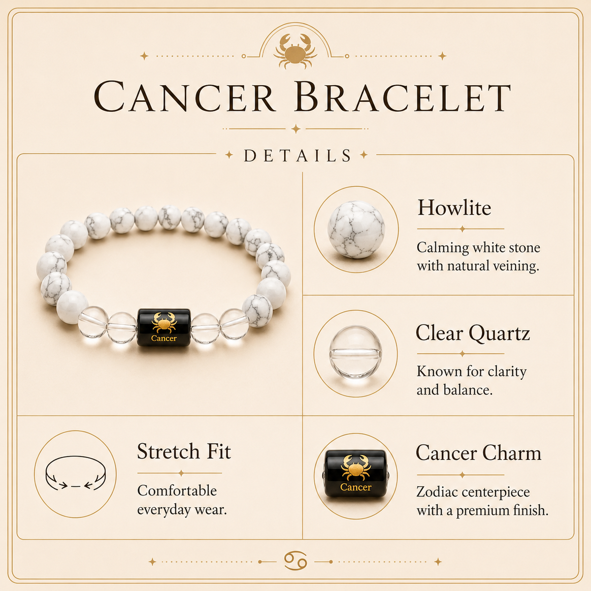 Cancer Zodiac Bracelet with Howlite & Clear Quartz