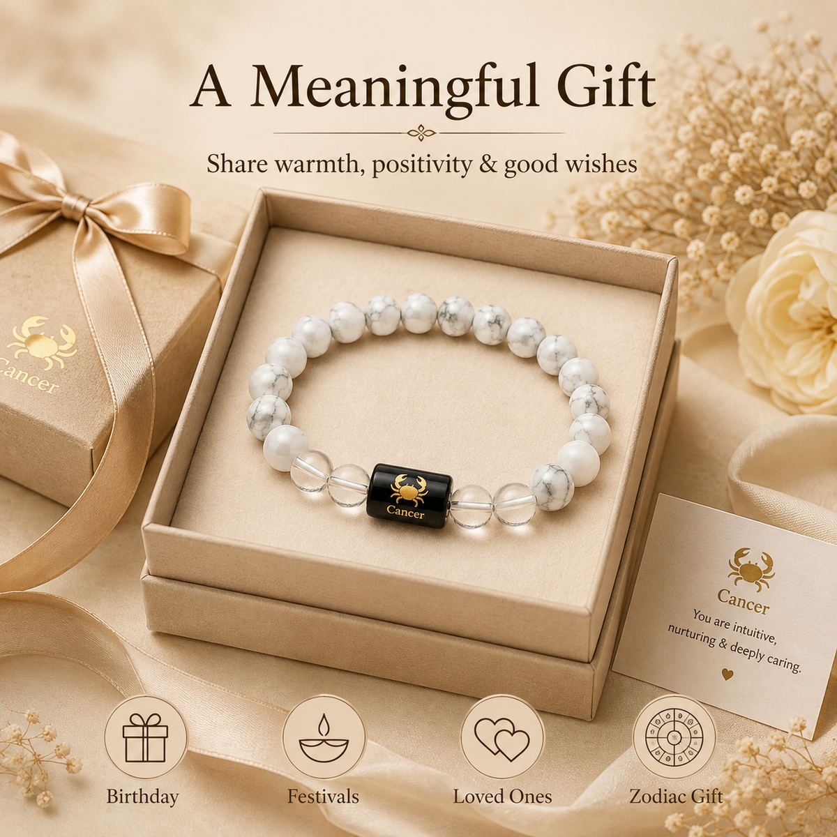 Cancer Zodiac Bracelet with Howlite & Clear Quartz