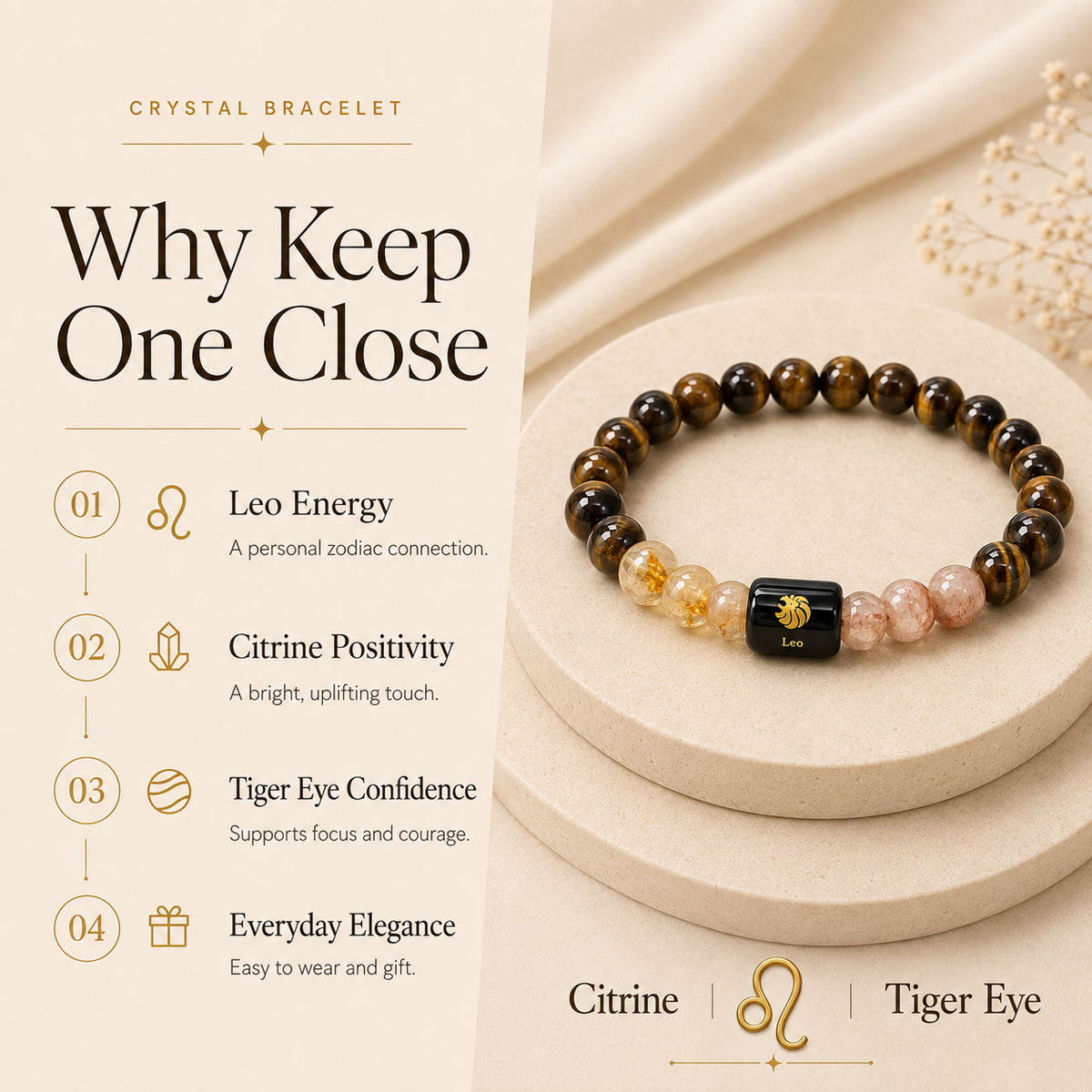 Leo Zodiac Bracelet with Citrine & Tiger Eye