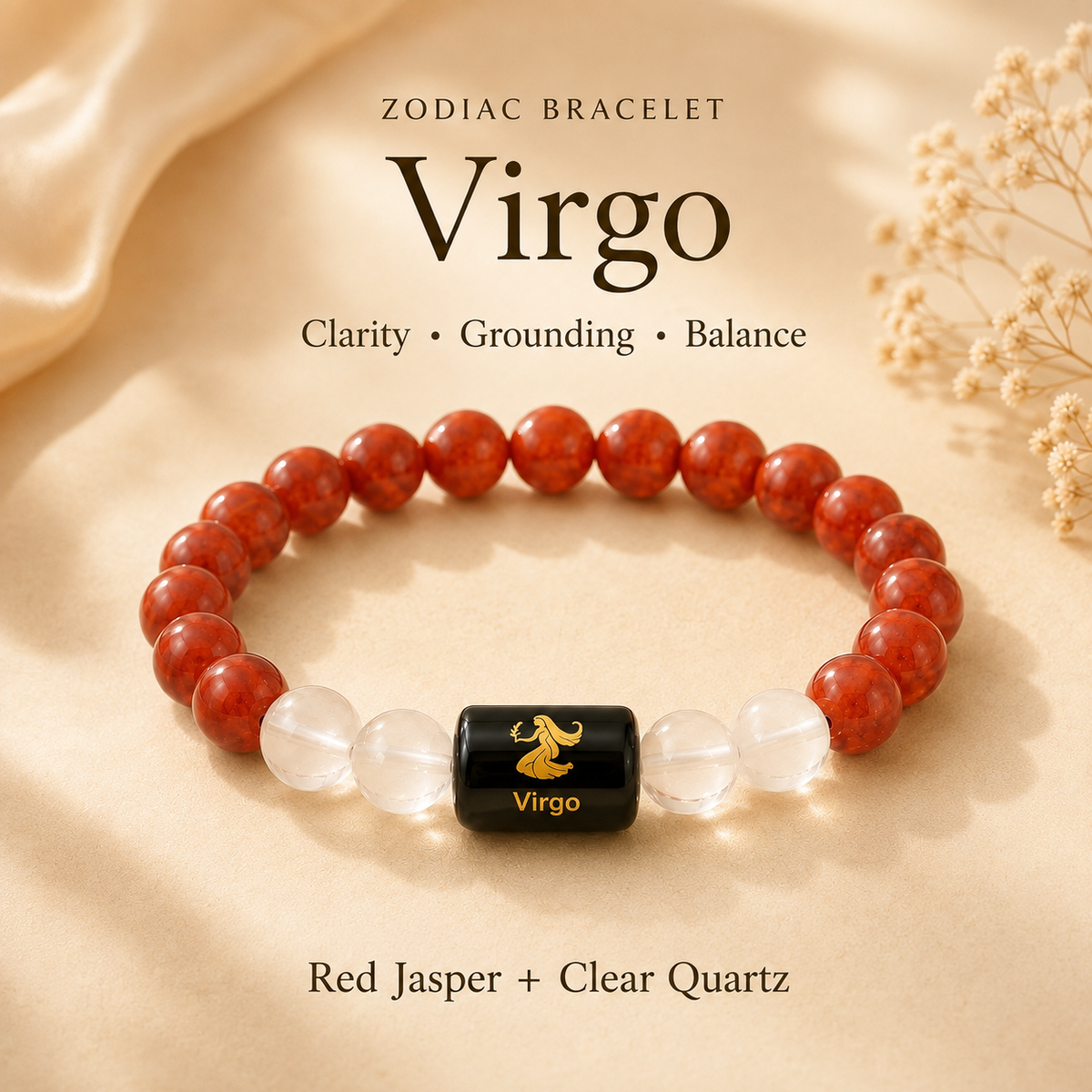Virgo Zodiac Bracelet with Red Jasper & Clear Quartz