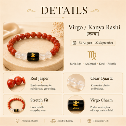 Virgo Zodiac Bracelet with Red Jasper & Clear Quartz