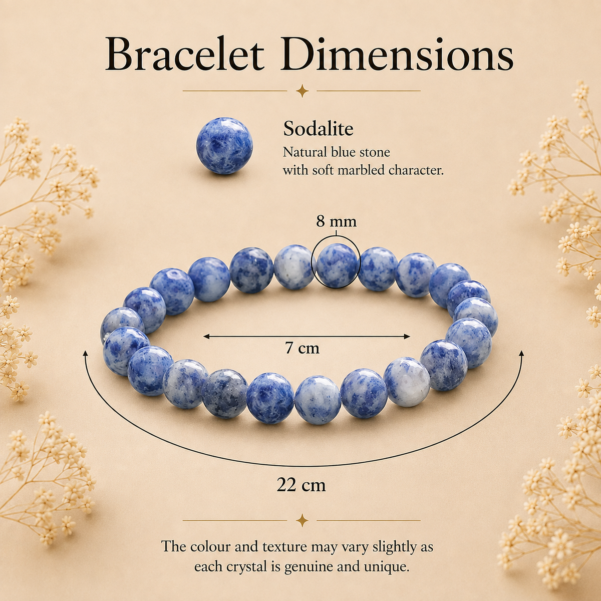 Sodalite Crystal Bracelet (Bead Size: 8mm, Length: 6-7 Inch)