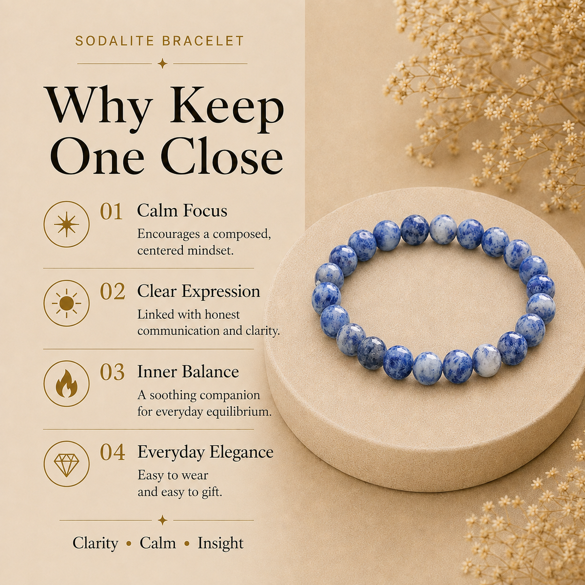 Sodalite Crystal Bracelet (Bead Size: 8mm, Length: 6-7 Inch)