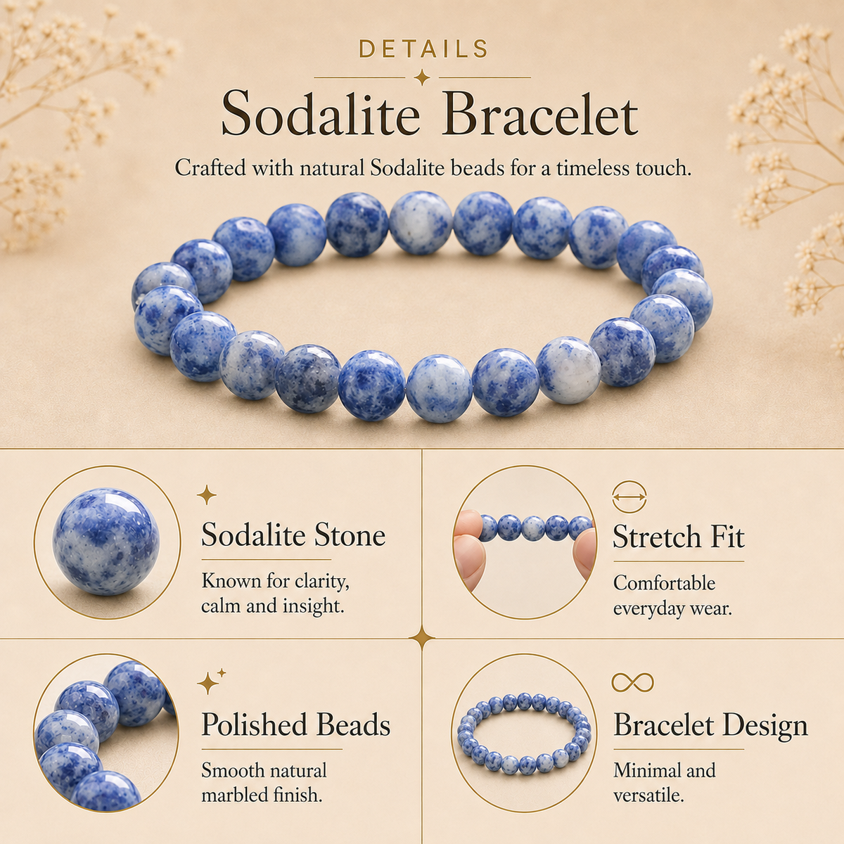Sodalite Crystal Bracelet (Bead Size: 8mm, Length: 6-7 Inch)