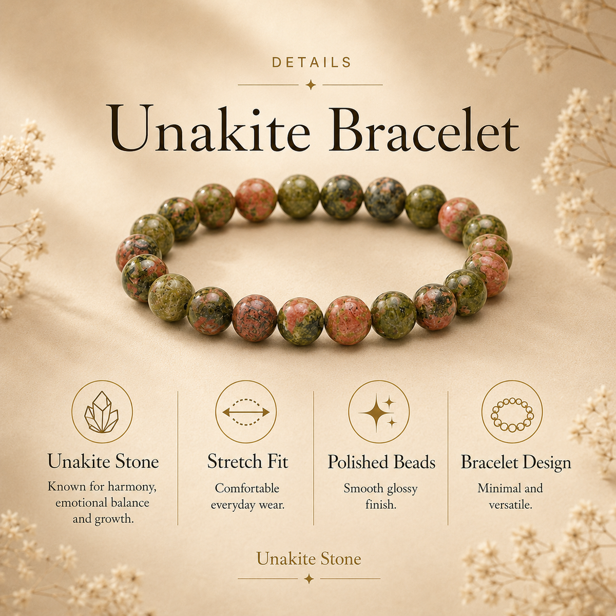 Unakite Crystal Bracelet (Bead Size: 8mm, Length: 6-7 Inch)