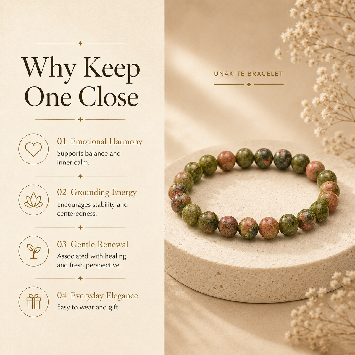 Unakite Crystal Bracelet (Bead Size: 8mm, Length: 6-7 Inch)