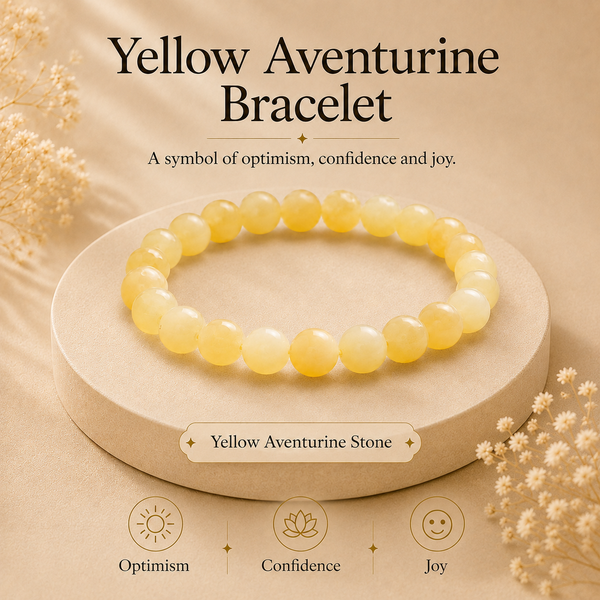 Yellow Aventurine Crystal Bracelet (Bead Size: 8mm, Length: 6-7 Inch)