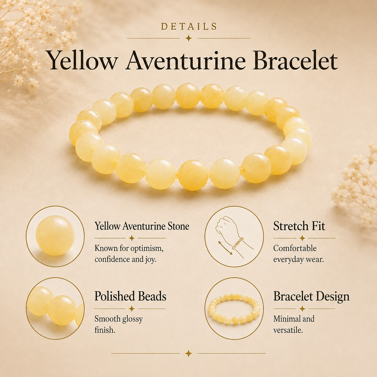 Yellow Aventurine Crystal Bracelet (Bead Size: 8mm, Length: 6-7 Inch)