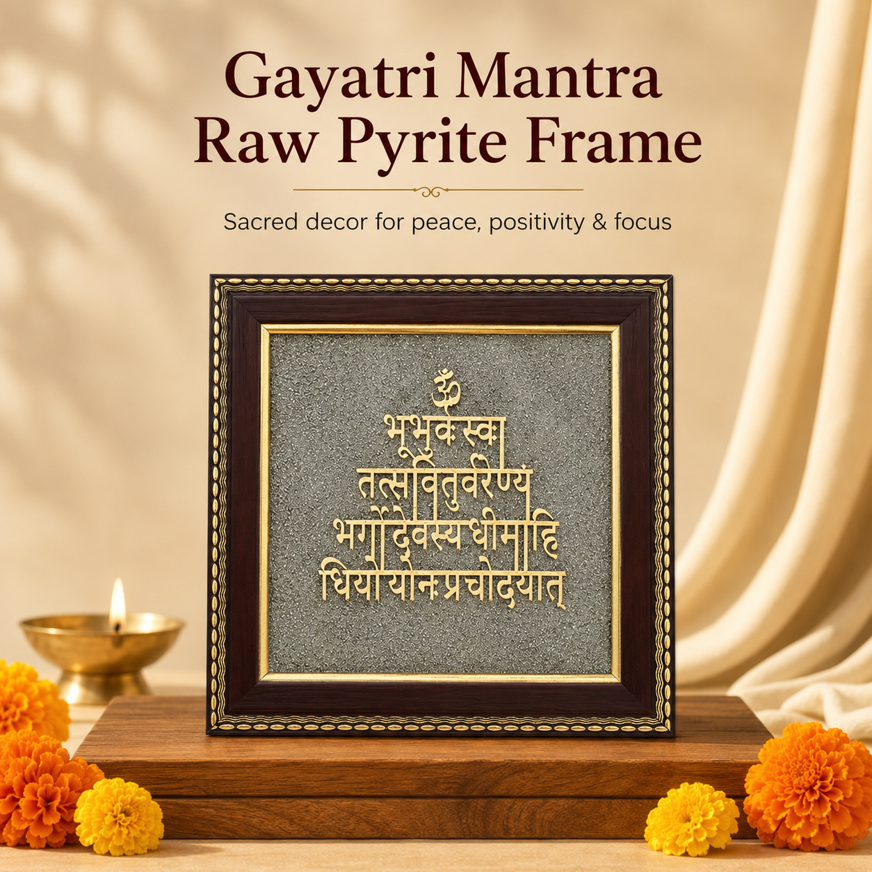 Gayatri Mantra Raw Pyrite Frame