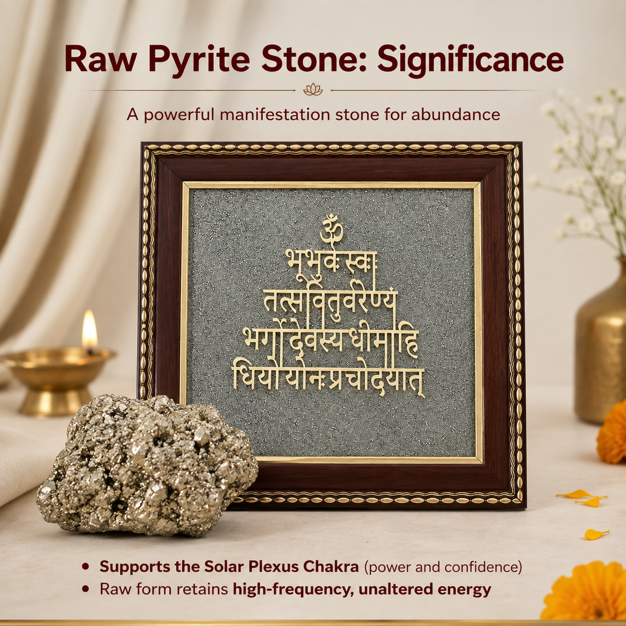 Gayatri Mantra Raw Pyrite Frame