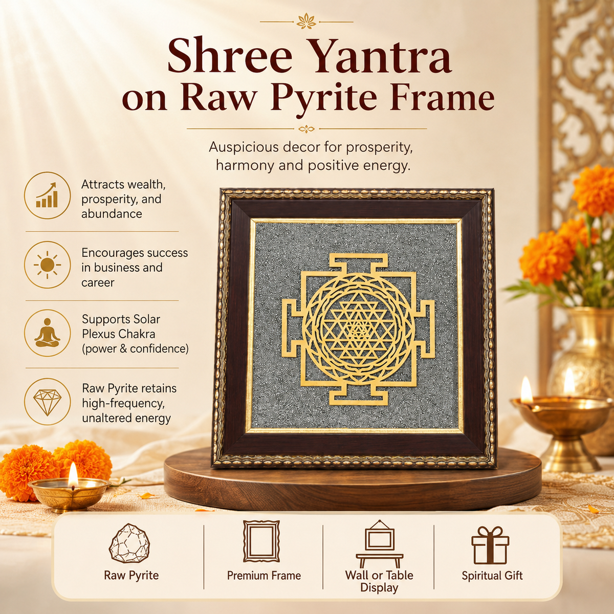 Shree Yantra on Raw Pyrite Frame