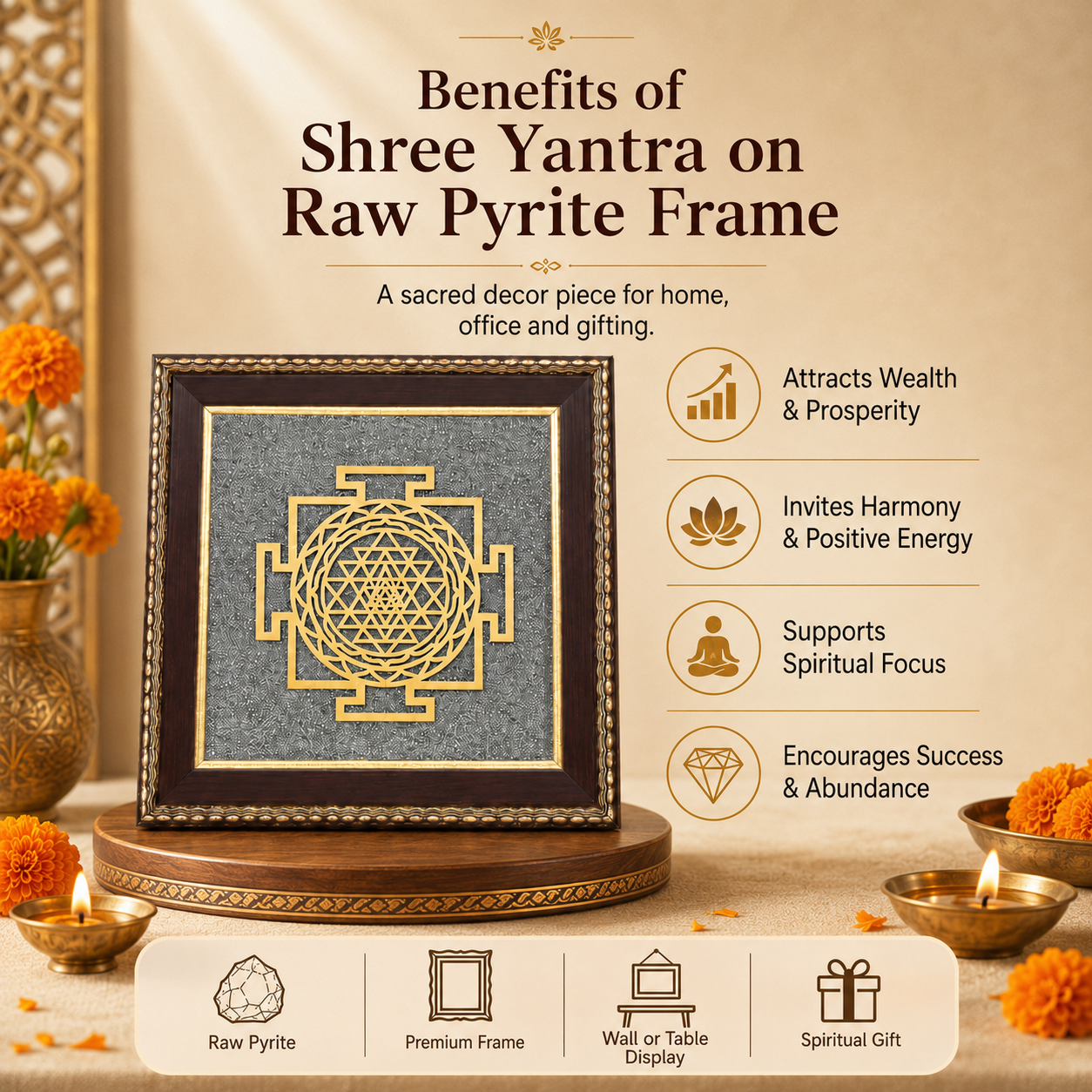 Shree Yantra on Raw Pyrite Frame