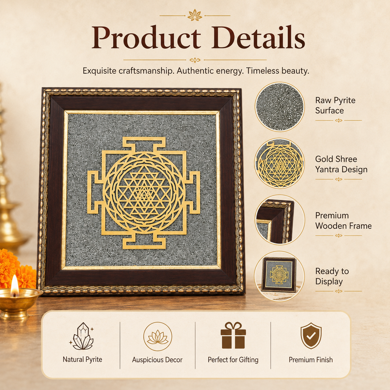 Shree Yantra on Raw Pyrite Frame