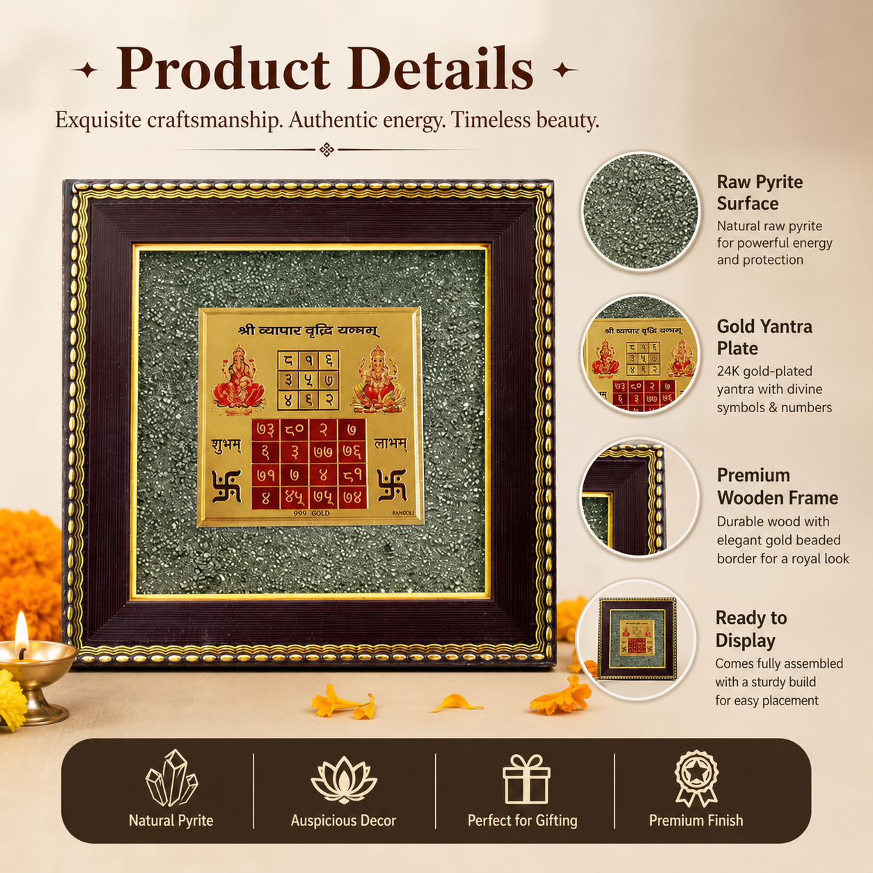 Vyapar Vriddhi Yantra on Raw Pyrite Frame