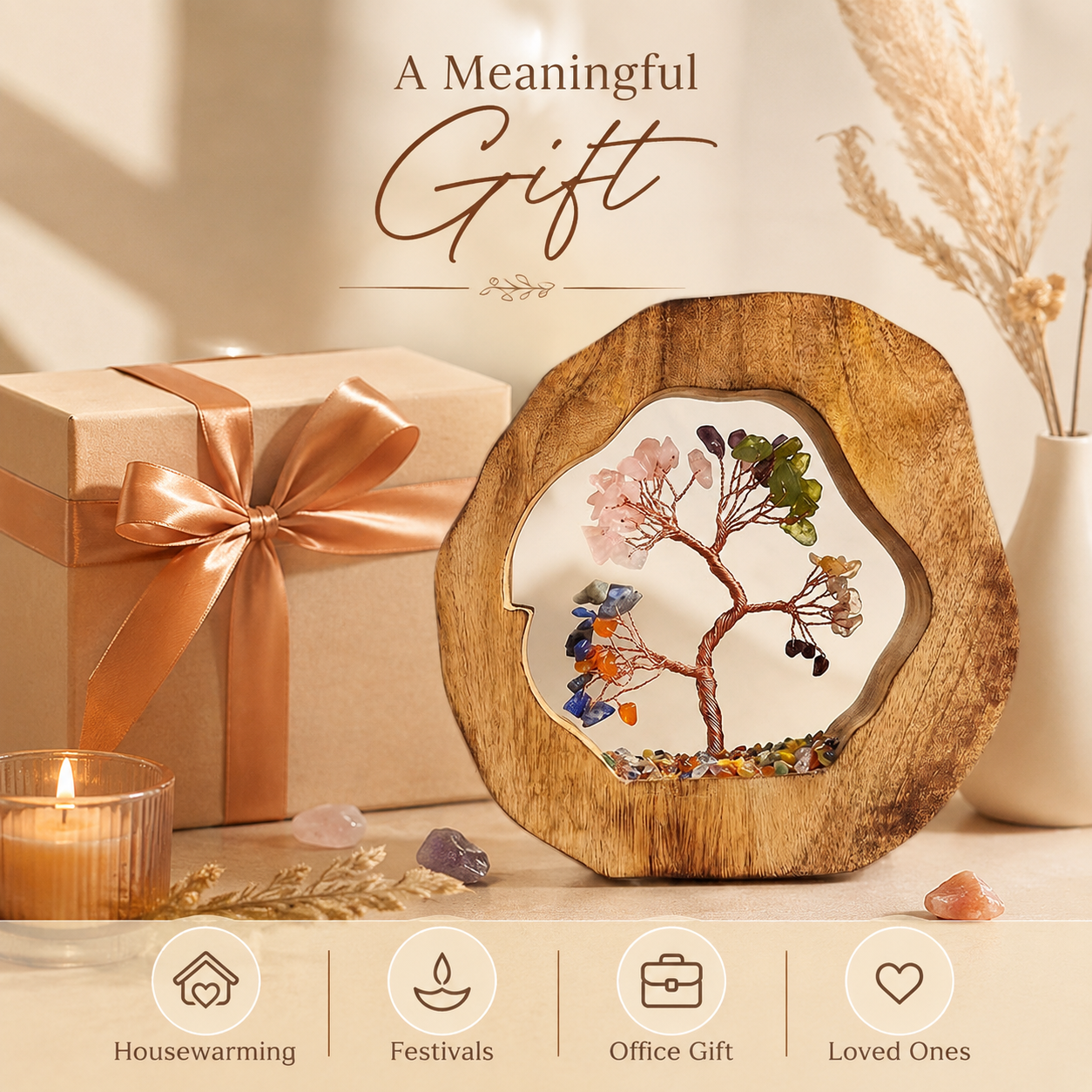 Round Wood Seven Chakra Crystal Tree