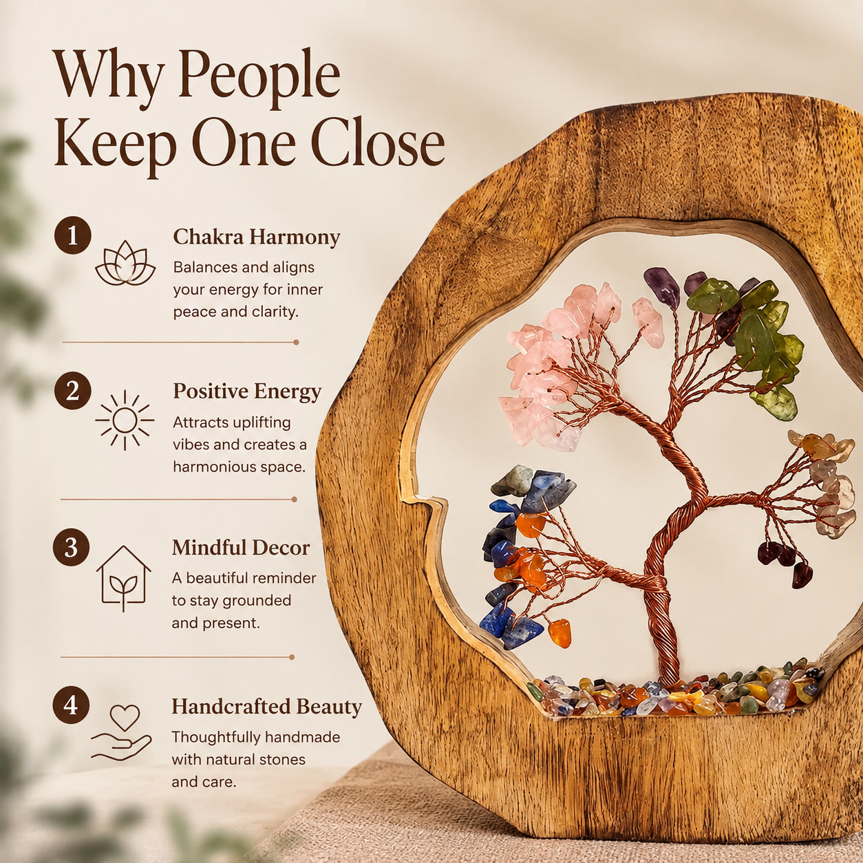 Round Wood Seven Chakra Crystal Tree