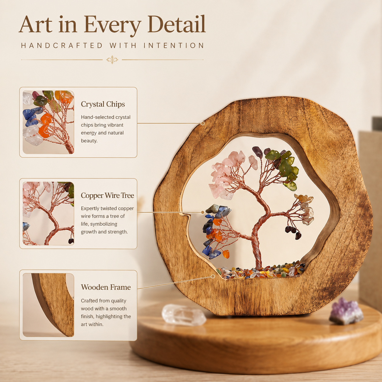 Round Wood Seven Chakra Crystal Tree