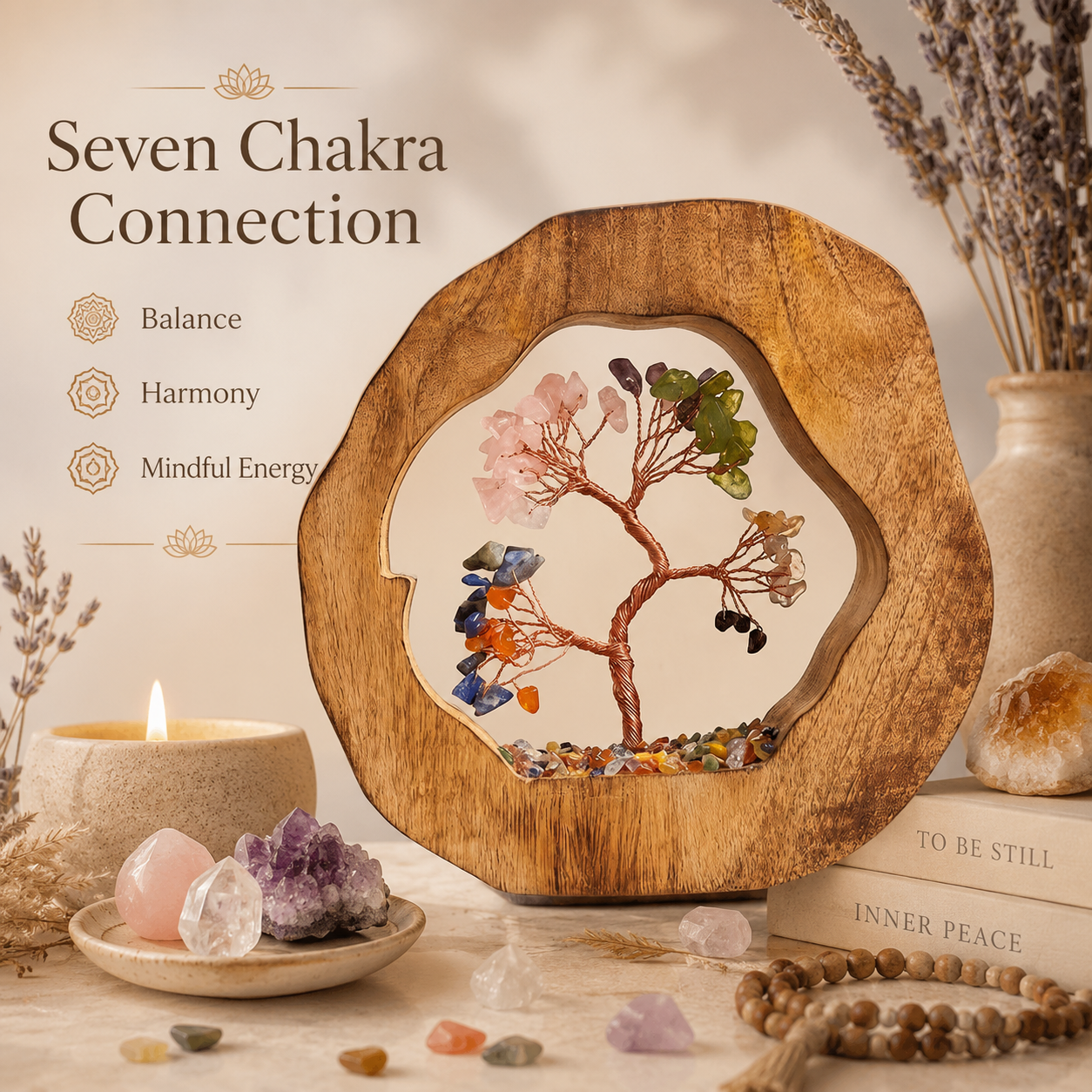 Round Wood Seven Chakra Crystal Tree