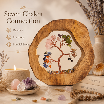 Round Wood Seven Chakra Crystal Tree
