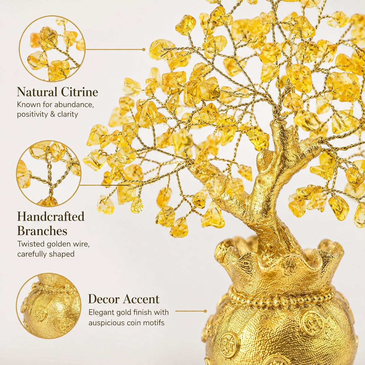 Potli Citrine Crystal Tree with Golden Money Pot