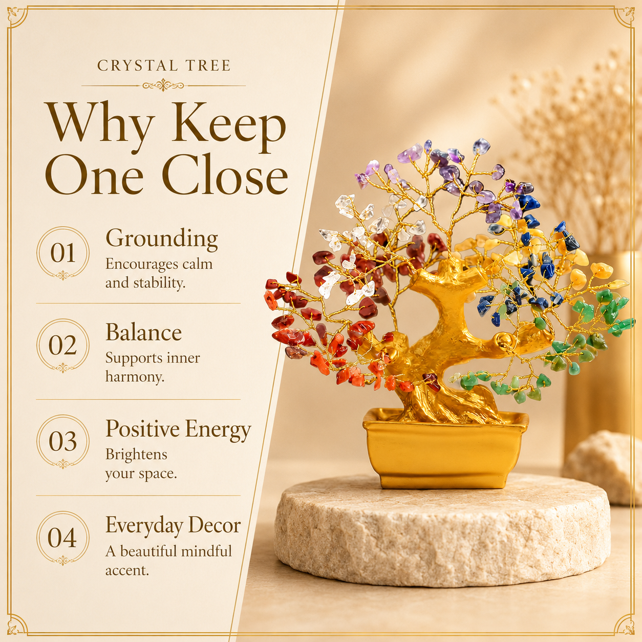 Bonzai Seven Chakra Crystal Tree With Natural Stones & Golden Wire