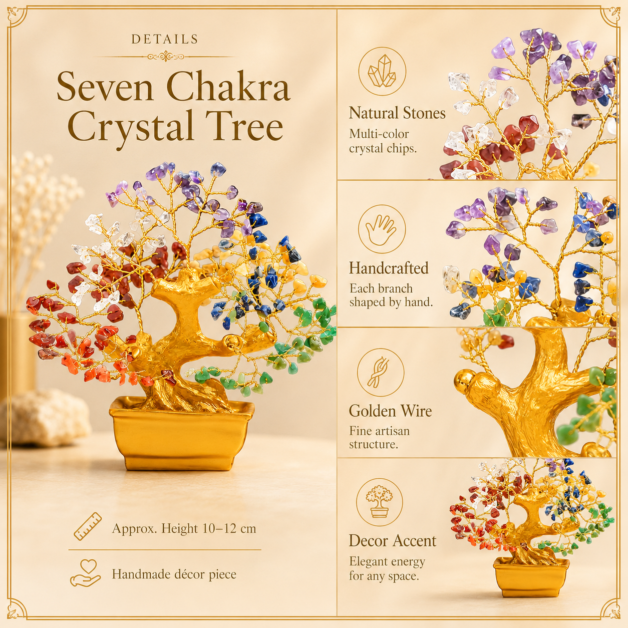 Bonzai Seven Chakra Crystal Tree With Natural Stones & Golden Wire